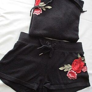 P.J. Salvage - Black With Red Flowers Pajama Set - XS